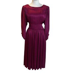 Albert Nipon Vintage Womens Dress Size 10 Burgundy Balloon Sleeve Midi Pure Silk